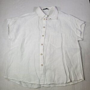 Zara Womens White Linen Button-Up Short Sleeve Shirt Size L